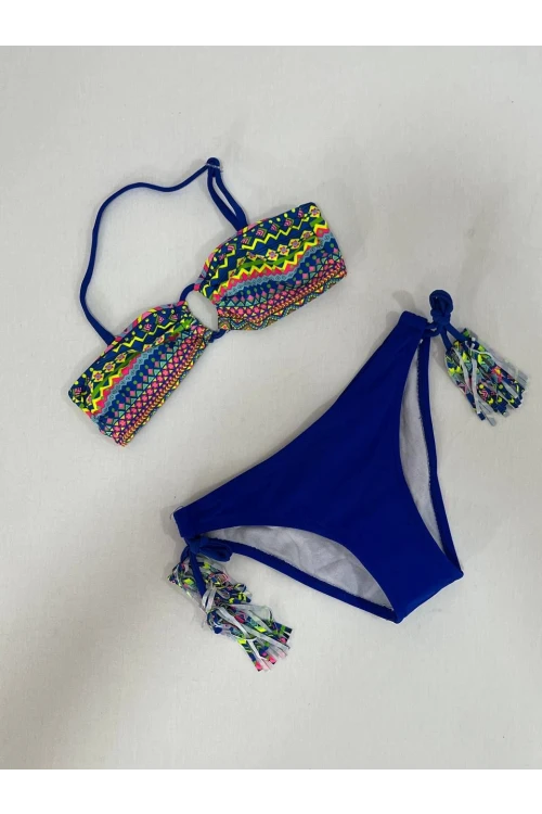 Kız Çocuk Mavi Çok Renkli  İp Detaylı Astarlı 4-12 Yaş Üçgen Bikini Takım HZL24S-LC1904