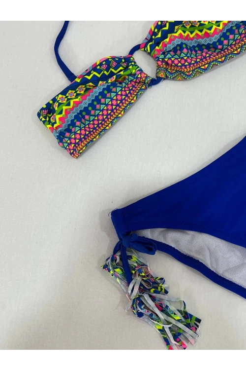 Kız Çocuk Mavi Çok Renkli  İp Detaylı Astarlı 4-12 Yaş Üçgen Bikini Takım HZL24S-LC1904