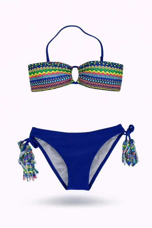 Kız Çocuk Mavi Çok Renkli  İp Detaylı Astarlı 4-12 Yaş Üçgen Bikini Takım HZL24S-LC1904