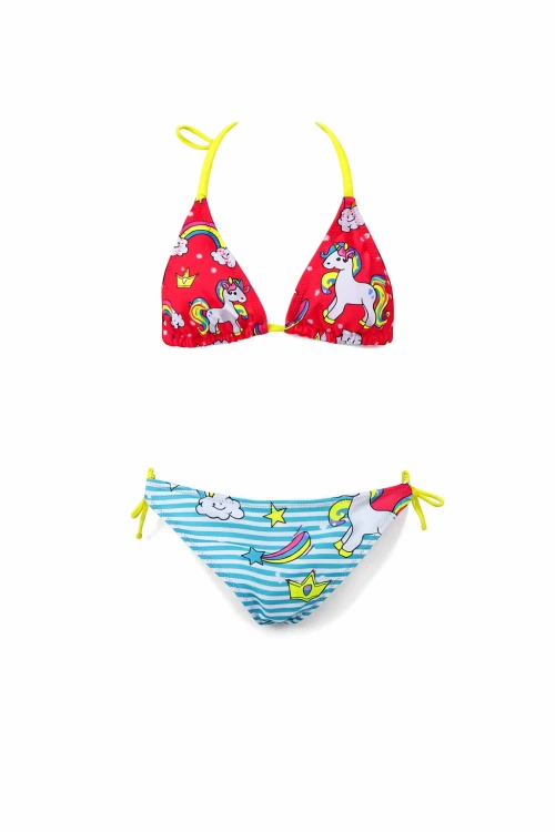 Kız Çocuk Mavi Neon Pembe Unicorn Temalı Bikini Takım HZL25S-LC19049