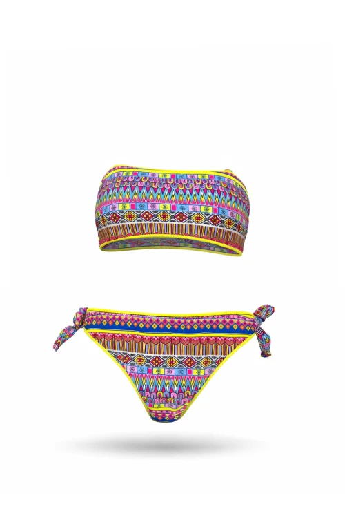 Kız Çocuk Mavi Neon Sarı Çok Renkli Astarlı 4-12 Yaş Straplez Bikini Takım HZL24S-LC6355