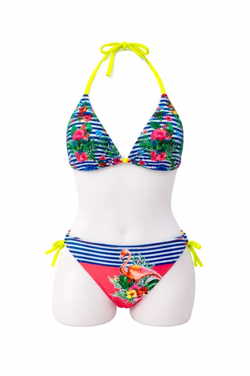 Kız Çocuk Mavi Pembe Flamingo Glow Desenli  6-14 Yaş Üçgen Bikini Takım HZL26S-LC19018