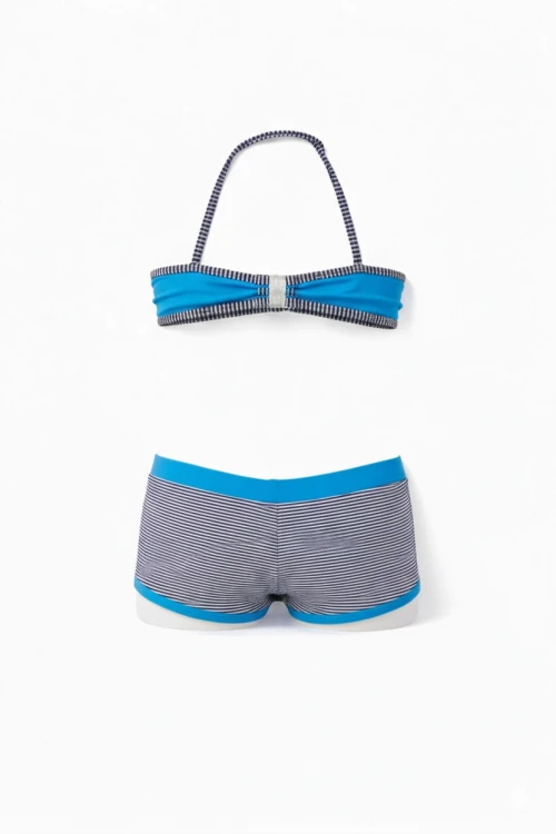 Kız Çocuk Mavi Siyah Çizgili Şortlu 4-12 Yaş Straplez Bikini Takım HZL24S-LC9034