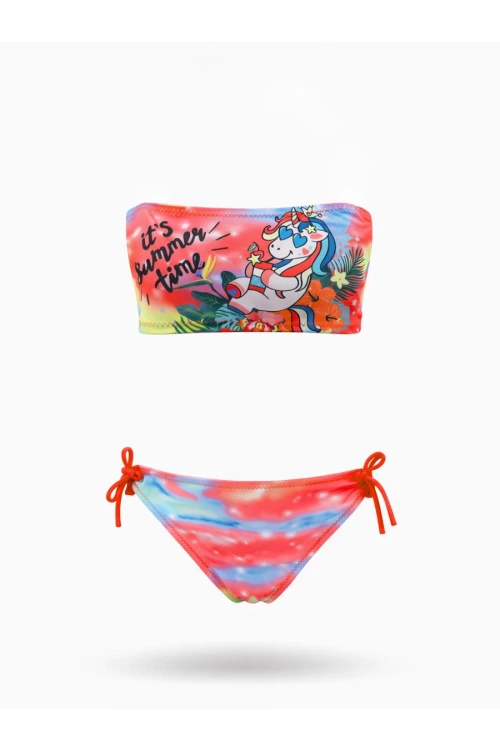 Kız Çocuk Neon Pembe Desenli  2-8 Yaş Straplez Bikini Takım HZL24S-LC3652
