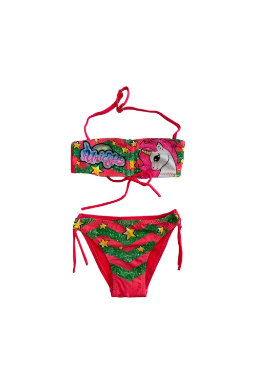 Kız Çocuk Neon Pembe Unicorn Desenli  2-8 Yaş Straplez Bikini Takım HZL24S-LC3658