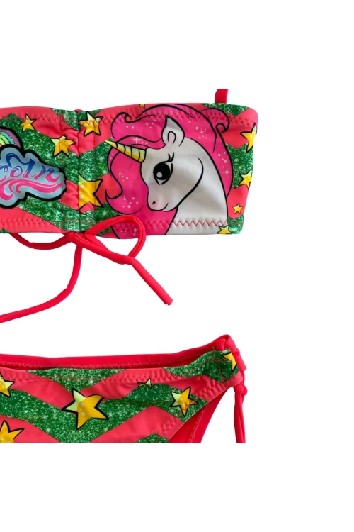 Kız Çocuk Neon Pembe Unicorn Desenli  2-8 Yaş Straplez Bikini Takım HZL24S-LC3658
