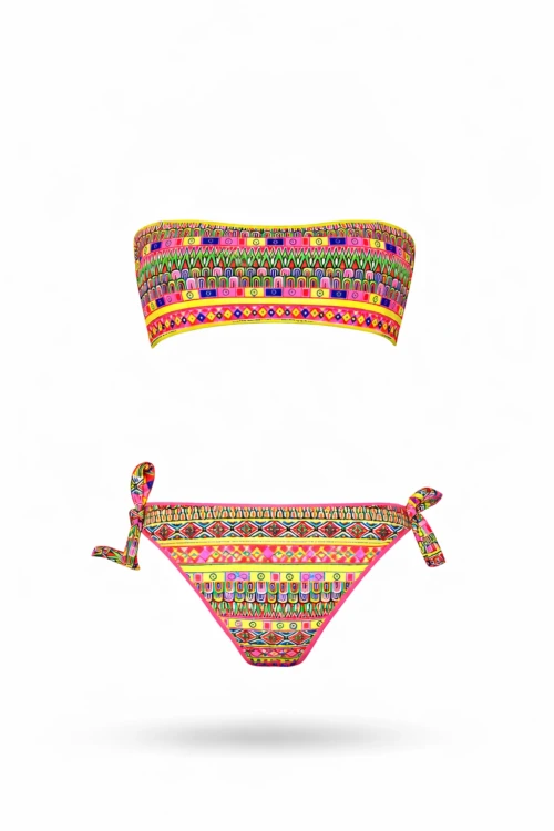 Kız Çocuk Neon Sarı Çok Renkli Astarlı 4-12 Yaş Straplez Bikini Takım HZL24S-LC6355