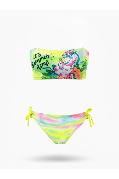 Kız Çocuk Neon Sarı Desenli  2-8 Yaş Straplez Bikini Takım HZL24S-LC3652
