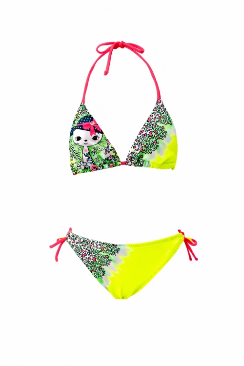 Kız Çocuk Neon Sarı Kitty Glow Desenli  4-14 Yaş Üçgen Bikini Takım HZL26S-LC2886