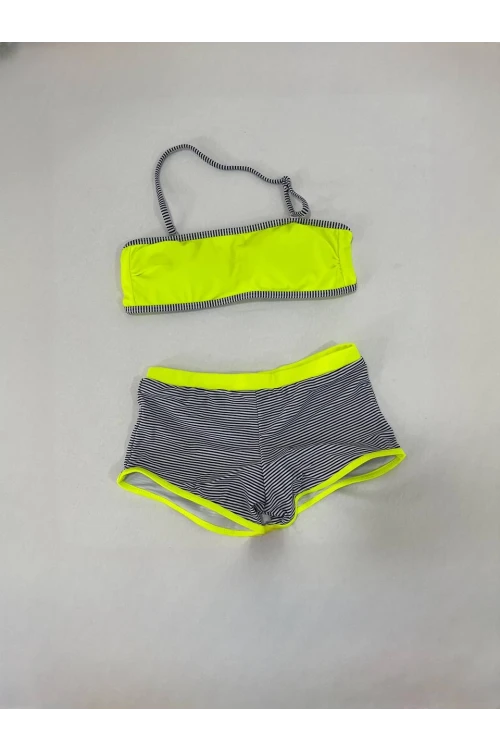 Kız Çocuk Neon Sarı Siyah Çizgili Şortlu 4-12 Yaş Straplez Bikini Takım HZL24S-LC9034