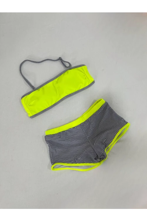 Kız Çocuk Neon Sarı Siyah Çizgili Şortlu 4-12 Yaş Straplez Bikini Takım HZL24S-LC9034