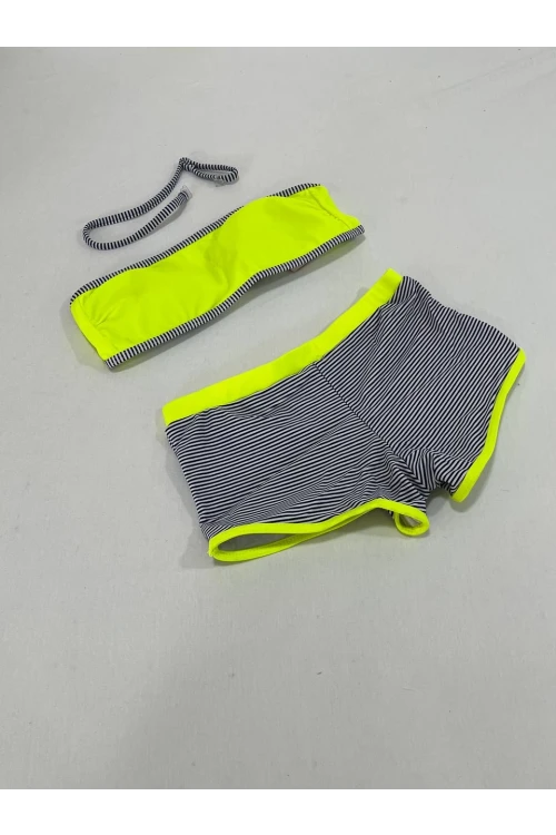 Kız Çocuk Neon Sarı Siyah Çizgili Şortlu 4-12 Yaş Straplez Bikini Takım HZL24S-LC9034