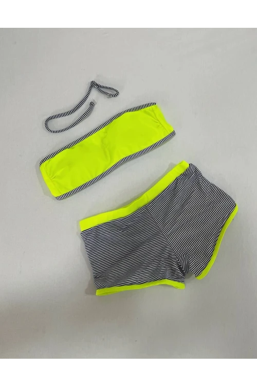 Kız Çocuk Neon Sarı Siyah Çizgili Şortlu 4-12 Yaş Straplez Bikini Takım HZL24S-LC9034
