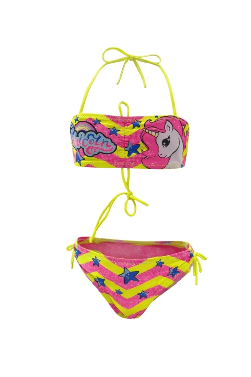 Kız Çocuk Neon Sarı Unicorn Desenli  2-8 Yaş Straplez Bikini Takım HZL24S-LC3658