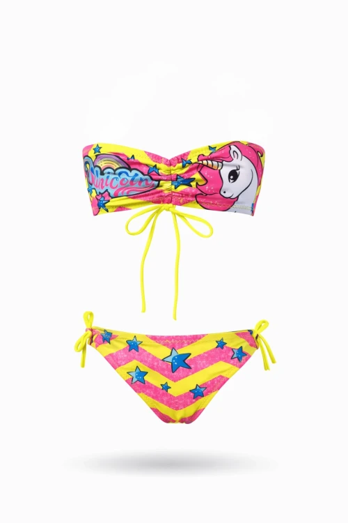 Kız Çocuk Neon Sarı Unicorn Desenli  2-8 Yaş Straplez Bikini Takım HZL24S-LC3658