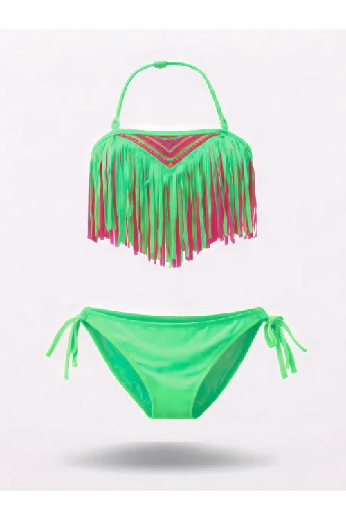 Kız Çocuk Neon Yeşil Püsküllü Astarlı Bikini Takımı 4-12 Yaş  HZL26S-LC18112