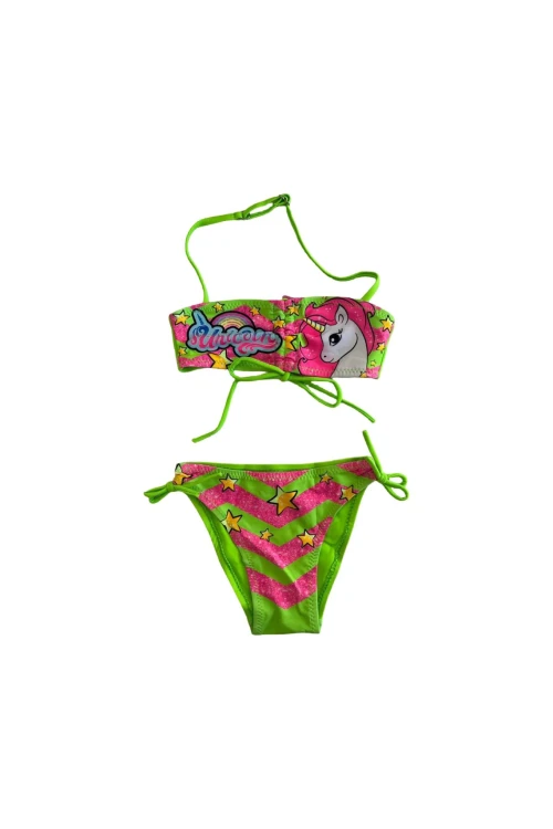 Kız Çocuk Neon Yeşil Unicorn Desenli  2-8 Yaş Straplez Bikini Takım HZL24S-LC3658