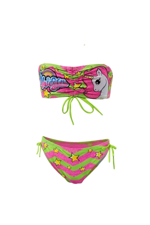 Kız Çocuk Neon Yeşil Unicorn Desenli  2-8 Yaş Straplez Bikini Takım HZL24S-LC3658