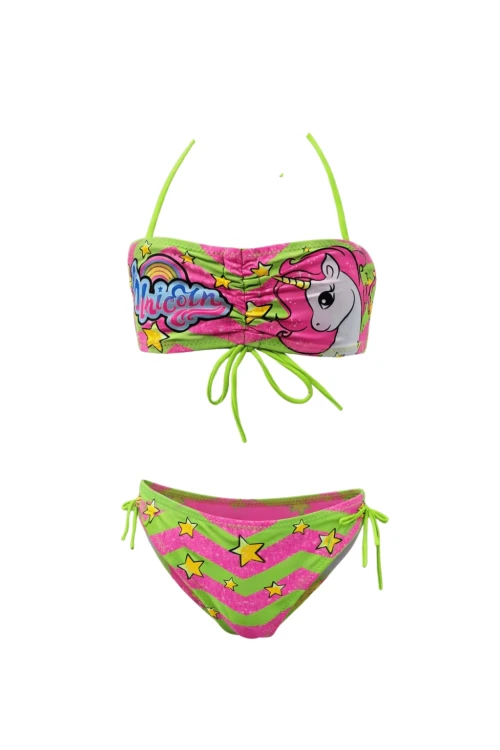 Kız Çocuk Neon Yeşil Unicorn Desenli  2-8 Yaş Straplez Bikini Takım HZL24S-LC3658