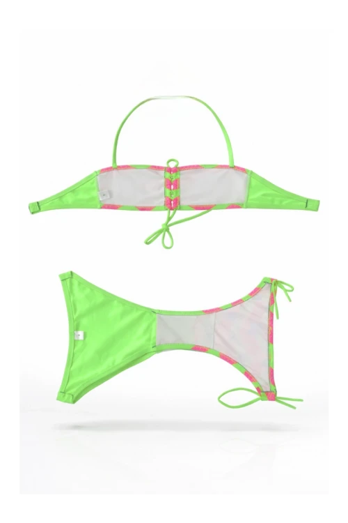Kız Çocuk Neon Yeşil Unicorn Desenli  2-8 Yaş Straplez Bikini Takım HZL24S-LC3658