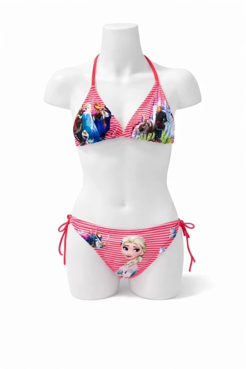 Kız Çocuk Pembe Çizgi Figürlü İp Bağlamalı Bikini Takım HZL25S-LC842