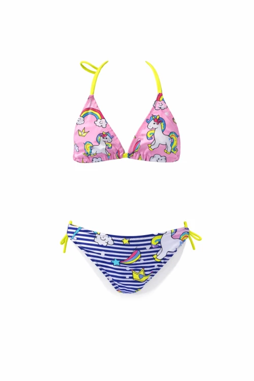 Kız Çocuk Pembe Lacivert Unicorn Temalı Bikini Takım HZL25S-LC19049