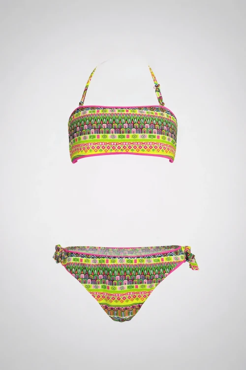 Kız Çocuk Pembe Neon Sarı Çok Renkli Astarlı 4-12 Yaş Straplez Bikini Takım HZL24S-LC6355
