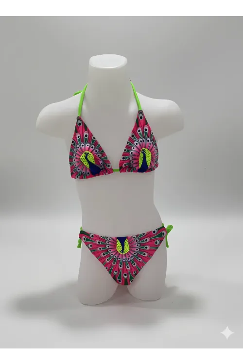Kız Çocuk Pembe Tavuz Kuşu Desenli  6-14 Yaş Üçgen Bikini Takım HZL24S-LC19017