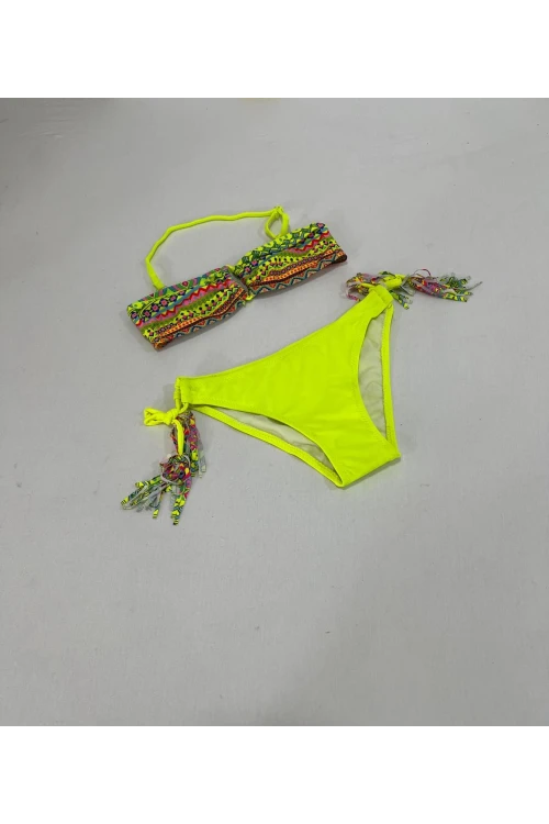 Kız Çocuk Sarı Çok Renkli  İp Detaylı Astarlı 4-12 Yaş Üçgen Bikini Takım HZL24S-LC1904