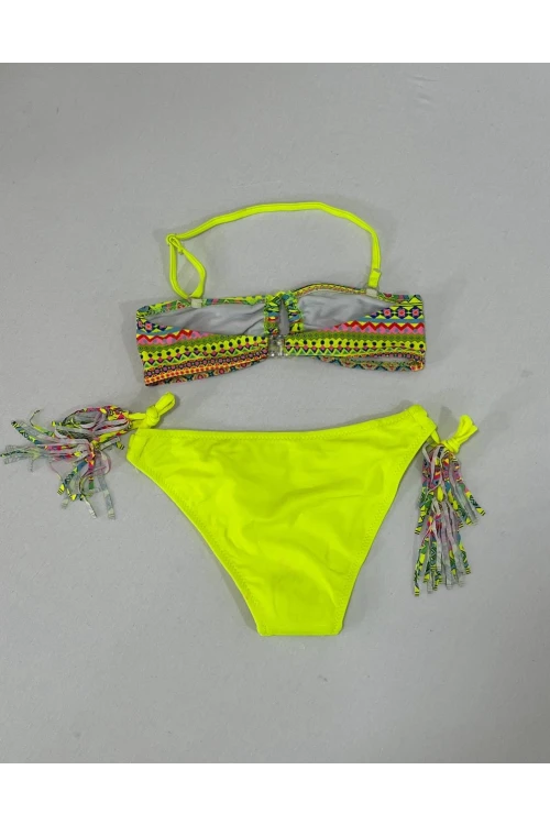 Kız Çocuk Sarı Çok Renkli  İp Detaylı Astarlı 4-12 Yaş Üçgen Bikini Takım HZL24S-LC1904