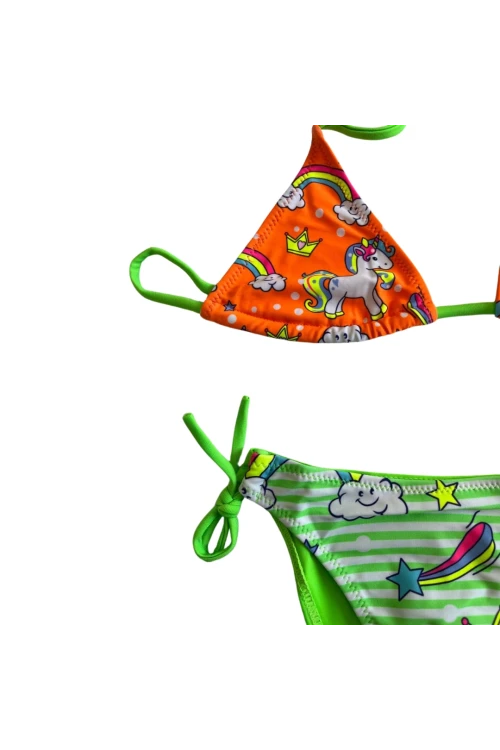 Kız Çocuk Turuncu Yeşil Unicorn Temalı Bikini Takım HZL25S-LC19049