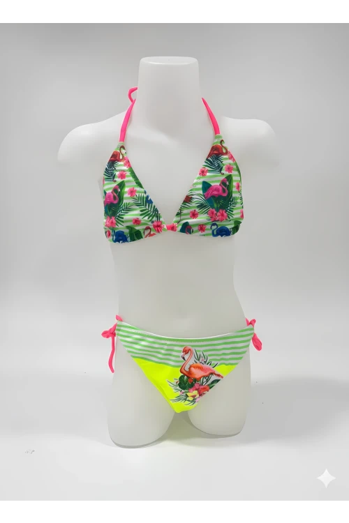 Kız Çocuk Yeşil Flamingo Glow Desenli  6-14 Yaş Üçken Bikini Takım HZL26S-LC9018