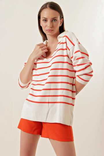 Kadın Beyaz Oranj Çizgili Polo Yaka Crop Triko Kazak  HZL23W-BD1100841