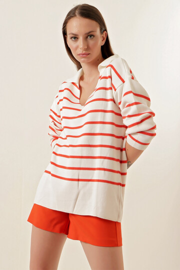 Kadın Beyaz Oranj Çizgili Polo Yaka Crop Triko Kazak  HZL23W-BD1100841