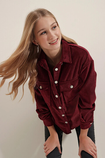 Kadın Bordo Kadife Hafif Oversize Şık Gömlek HZL23W-BD138651