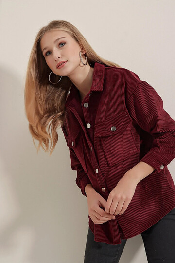 Kadın Bordo Kadife Hafif Oversize Şık Gömlek HZL23W-BD138651