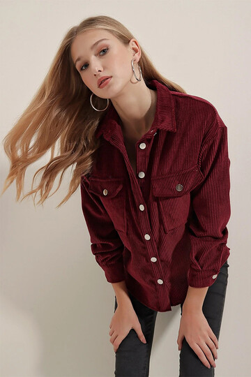 Kadın Bordo Kadife Hafif Oversize Şık Gömlek HZL23W-BD138651