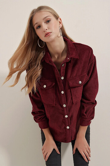 Kadın Bordo Kadife Hafif Oversize Şık Gömlek HZL23W-BD138651
