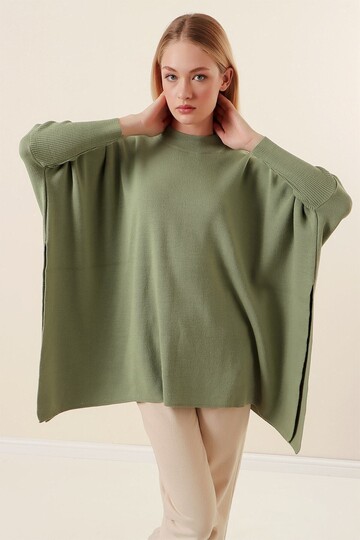 Kadın Çağla Yeşili Oversize Yırtmaçlı Panço Triko Kazak Hzl23w-bd1100761