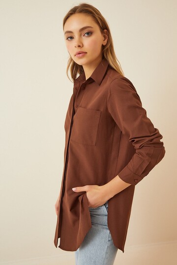 Kadın Çikolata Yırtmaçlı Basic Uzun Kollu Boyfriend Poplin Uzun Gömlek HZL22W-BD138791