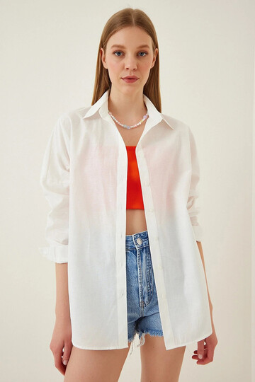 Kadın Ekru Oversize Uzun Basic Gömlek HZL22W-BD139001