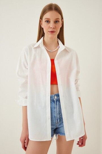 Kadın Ekru Oversize Uzun Basic Gömlek HZL22W-BD139001