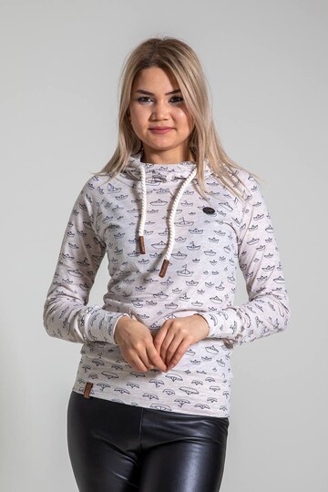 Kadın Gri Kapüşonlu Gemi Desenli Reglan Kol Penye Sweatshirt HZL23W-SR120011