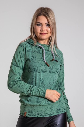 Kadın Haki  Kapüşonlu Ceylan Desenli Reglan Kol Penye Sweatshirt HZL23W-SR120011