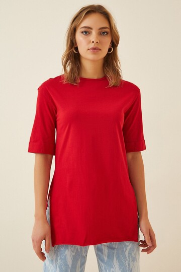 Kadın Kırmızı Bisiklet Yaka Yandan Yırtmaçlı Kolu Katlı Oversize Örme T-Shirt HZL22S-BD143251