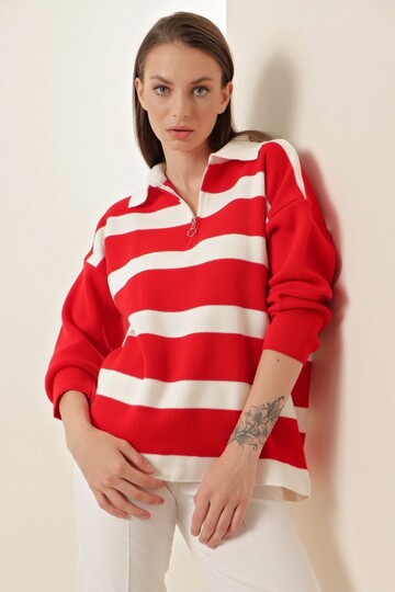 Kadın Kırmızı Çizgili Polo Yaka Fermuarlı Oversize Triko Kazak Hzl23w-bd145121