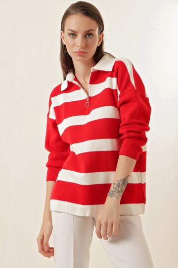 Kadın Kırmızı Çizgili Polo Yaka Fermuarlı Oversize Triko Kazak Hzl23w-bd145121