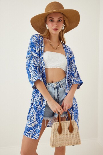 Kadın Mavi Baskılı Düşük Kol Viskon Uzun Kimono HZL22S-BD158321