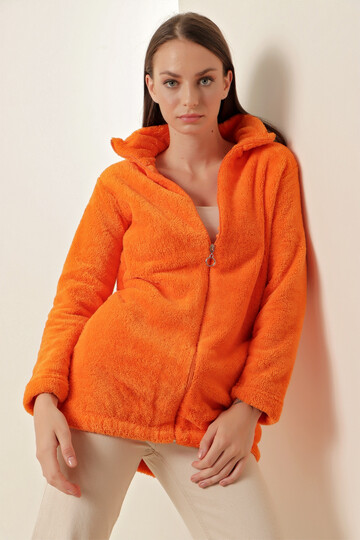 Kadın Oranj Fermuarlı Uzun Rahat Peluş Sweatshirt HZL23W-BD1553871