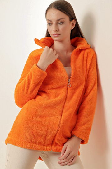 Kadın Oranj Fermuarlı Uzun Rahat Peluş Sweatshirt HZL23W-BD1553871